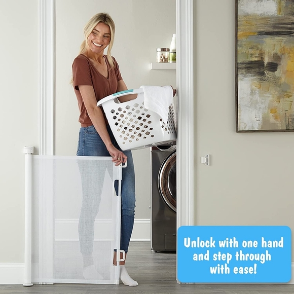 Retractable Baby Gates 33" X 55" for Stairs, Pets White Mesh Expandable … - Picture 3 of 14